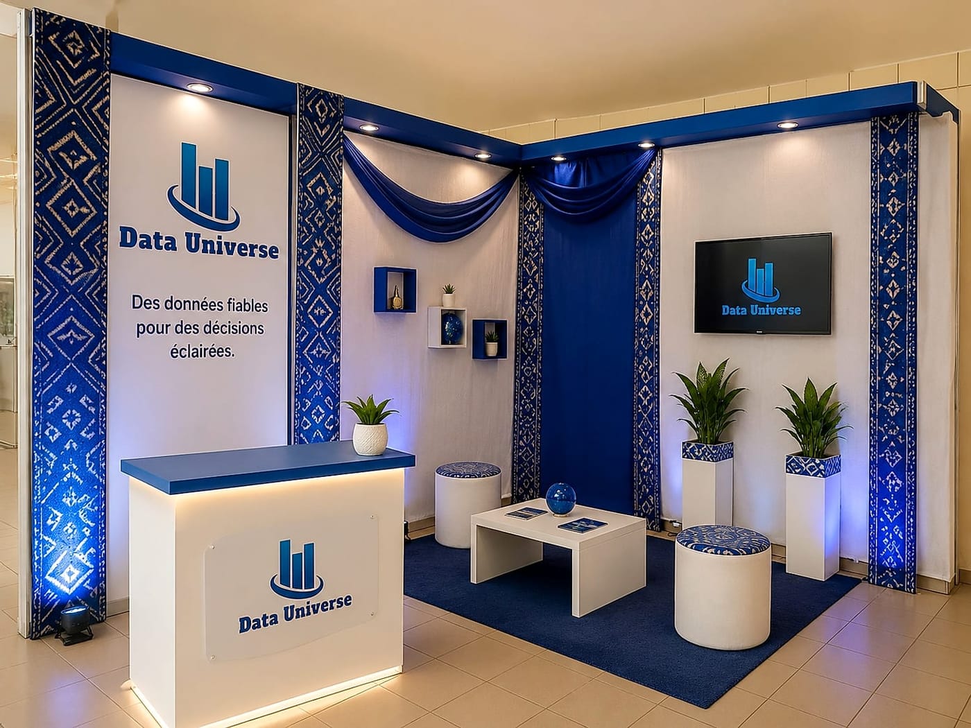 Espace d'accueil du stand Data Universe, décor bleu et blanc